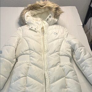Calvin Klein Kids Cream Puffer Coat with Faux Fur Hood